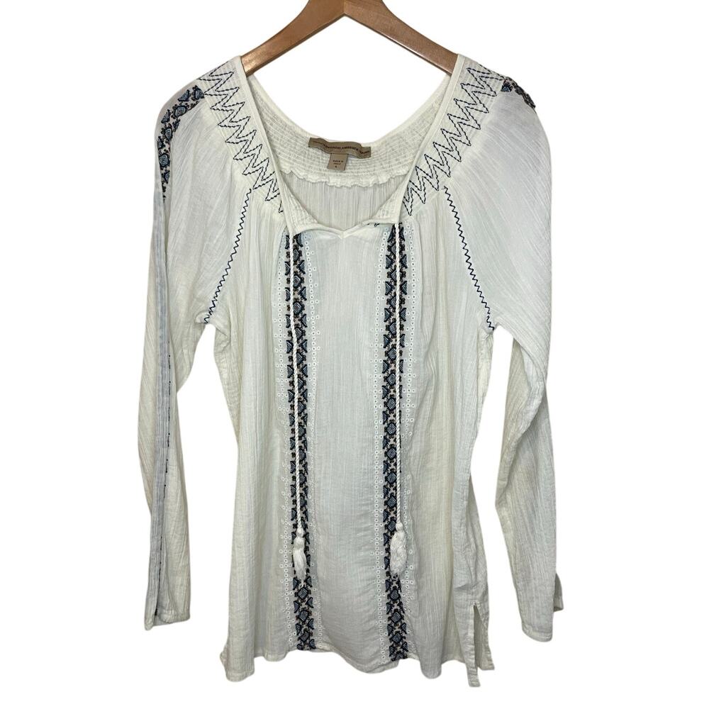 Nine West Vintage America Jeans Cotton Boho Gauzy Long Sleeve Peasant Blouse Lg